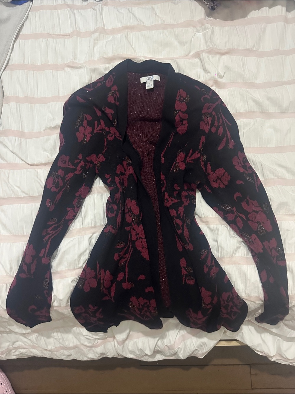 Black Cardigan with Burgundy Floral Pattern